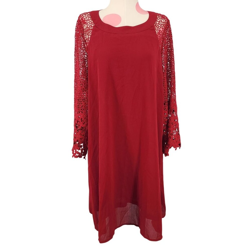 Women's Beautiful Wine Red Maroon Dress Lace Crochet Sleeves XL Flowy Loose Fit